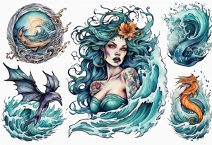 a beautiful sea witch surrounded by crashing waves tattoo idea