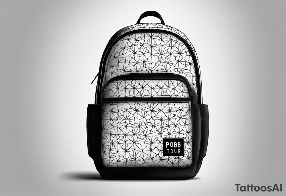 Backpack with the words 'PBOB on tour 2024' with a hidden weed leaf tattoo idea