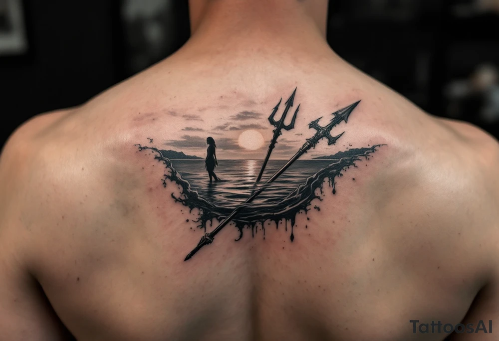 trident half way under calm water at sunset with woman tattoo idea