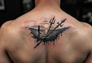 trident half way under calm water at sunset with woman tattoo idea