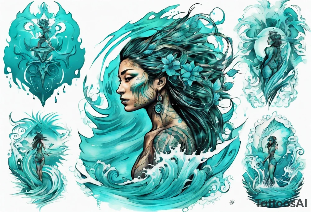 a turquoise Na'vi woman standing in the sea surrounded by crashing waves tattoo idea