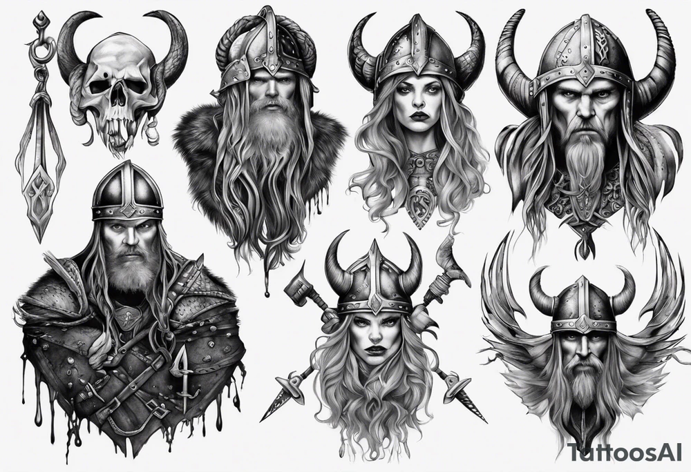 uma bruxa viking com corvos em preto e branco tattoo idea