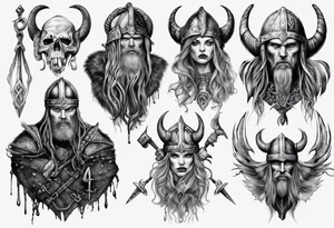 uma bruxa viking com corvos em preto e branco tattoo idea