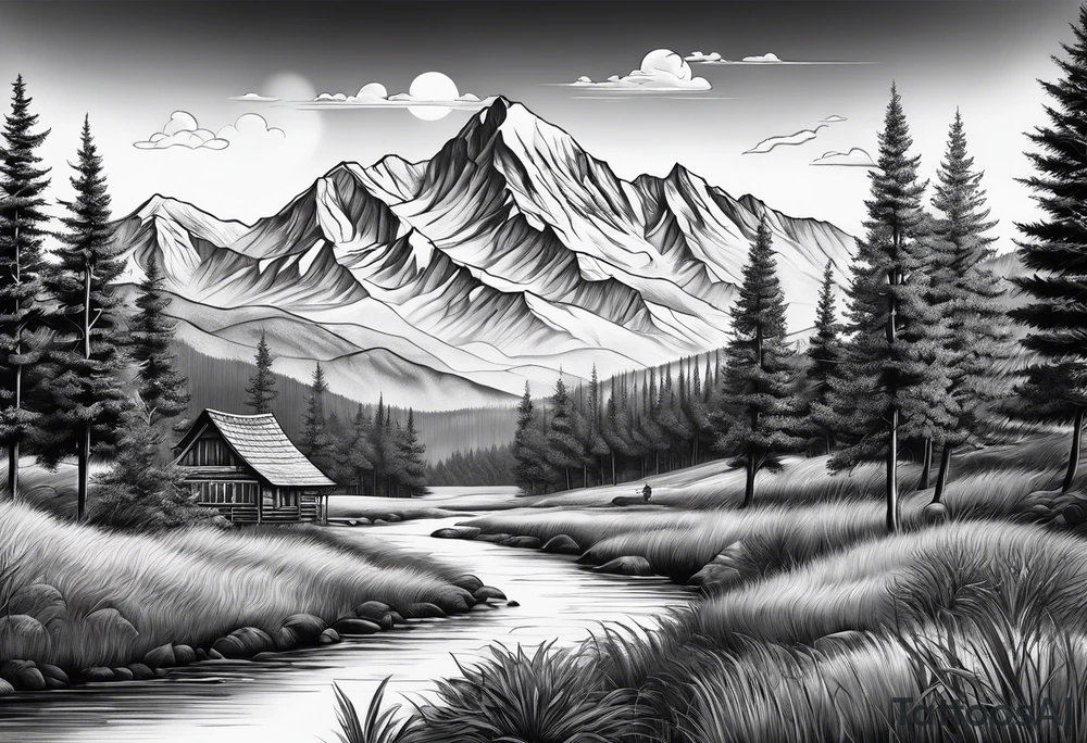 Wildlife, trees, mountains tattoo idea