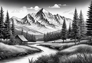 Wildlife, trees, mountains tattoo idea