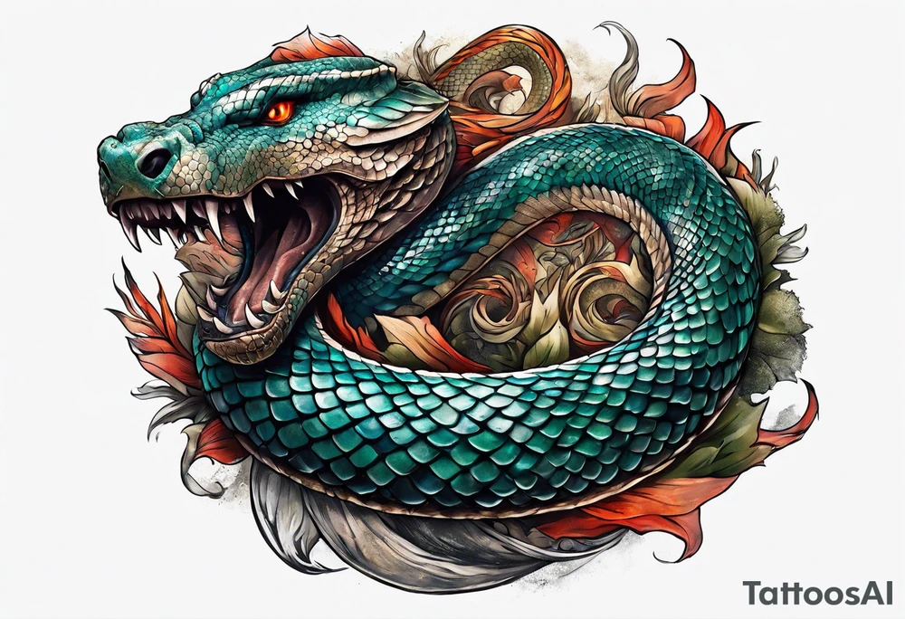 a Sleeve tattoo of jormungandr, the mythical giant snake from god of war the game tattoo idea