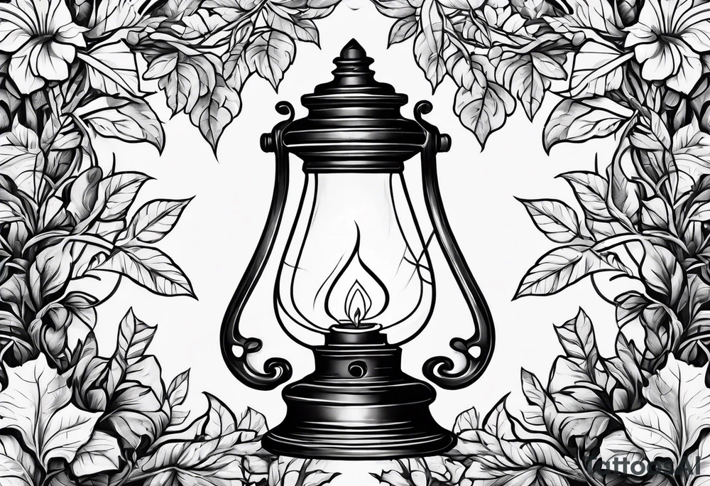 Oil lamp surrounded by leafy vines tattoo idea