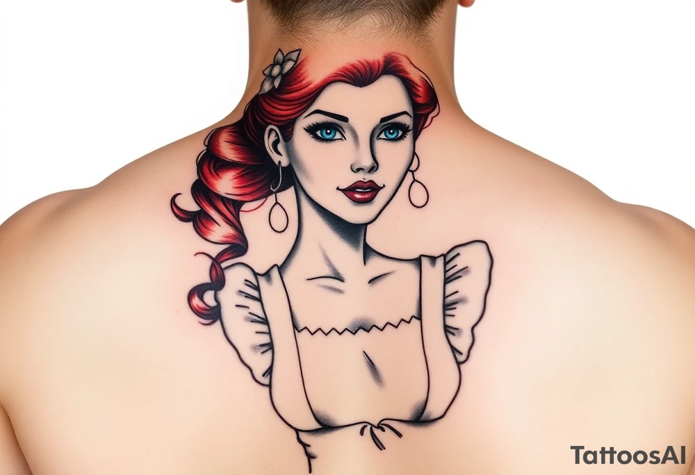 Traditional pin up girl with red hair and blue eyes and wearing a milkmaid maid style dress tattoo idea