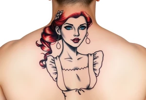 Traditional pin up girl with red hair and blue eyes and wearing a milkmaid maid style dress tattoo idea