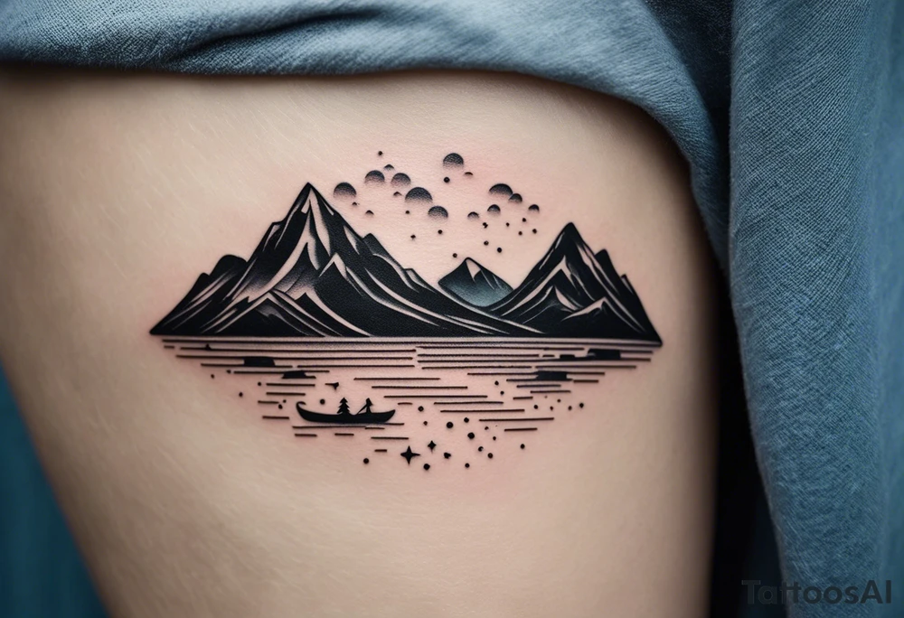 This is a minimalistic tattoo that is split into 2 sections; a top half and a bottom half. The top half is a mountain in Norway with a windy and curvy mountain bike trail winding down the mountain. The bottom half of the tattoo depicts an underwater scene featuring water, and sea life. There are no bikes or trees in the bottom half of the tattoo. tattoo idea