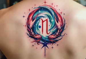 The Cancer zodiac in bold red sits at the heart of a swirling indigo and emerald star constellation. tattoo idea