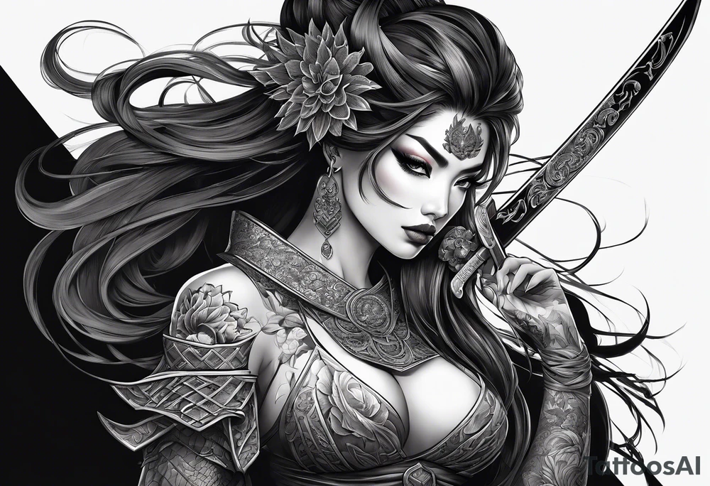 Dark demon woman with katana tattoo idea