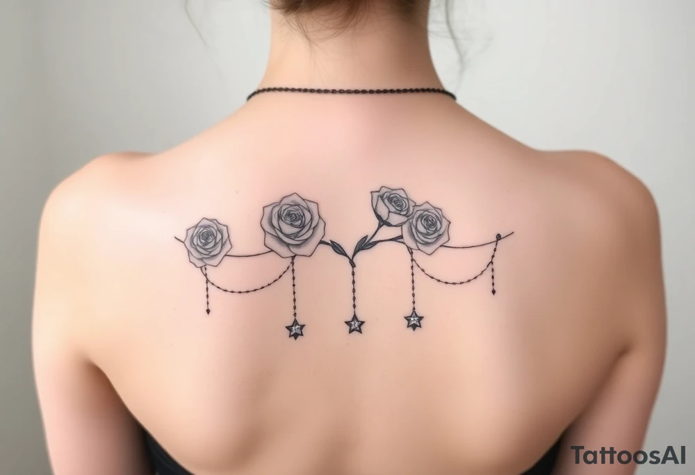 roses, gemstones on chains, stars tattoo idea