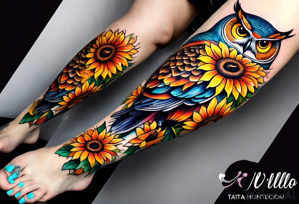 Leg sleeve with colorful sunflowers and an owl tattoo idea