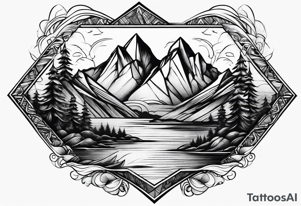Mountains and ocean waves diamond shape tattoo idea