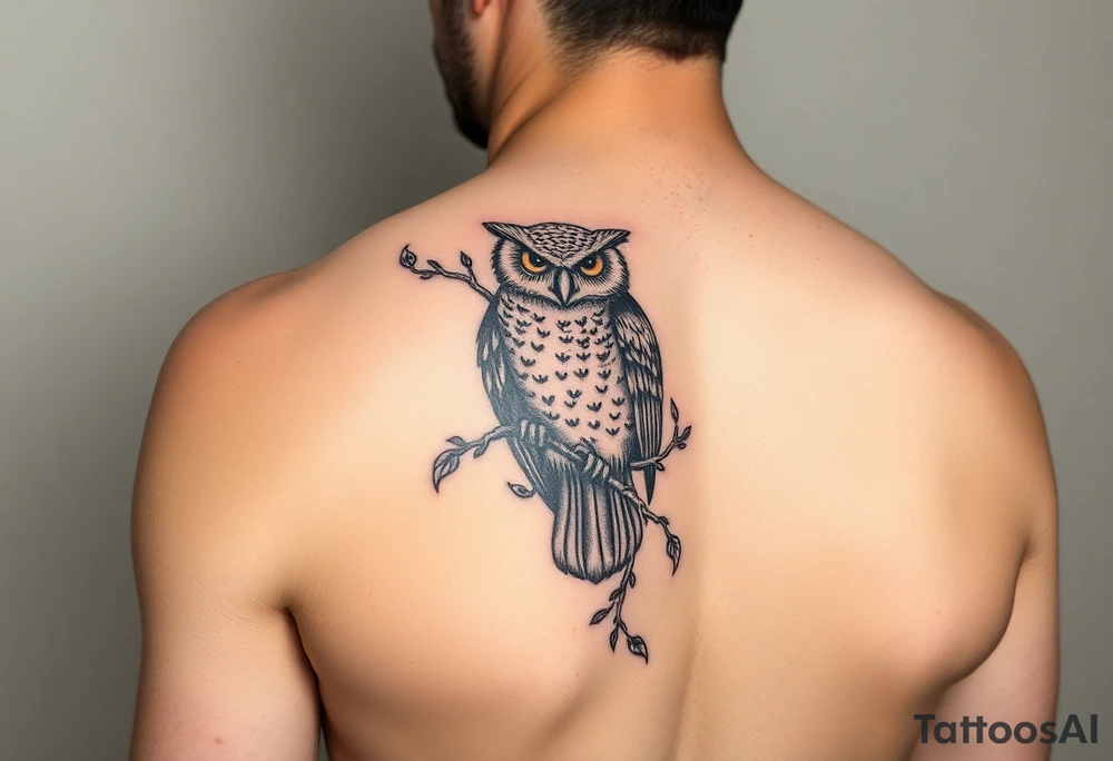 Upper arm tattoo of owl vine crawling upward and wrapping owl 333 incorporated with the owl and vine tattoo idea