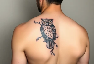 Upper arm tattoo of owl vine crawling upward and wrapping owl 333 incorporated with the owl and vine tattoo idea