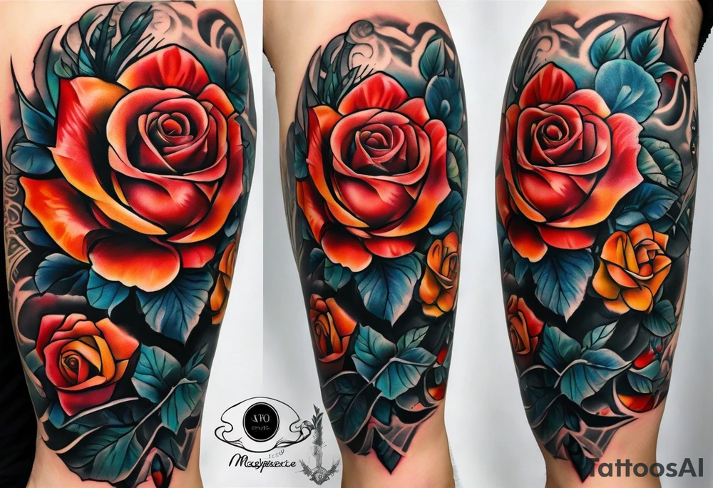 front knee tattoo based on Mike Rubendall with roses, guitar, water, flowers, background wash tattoo idea