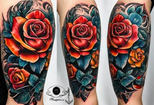 front knee tattoo based on Mike Rubendall with roses, guitar, water, flowers, background wash tattoo idea