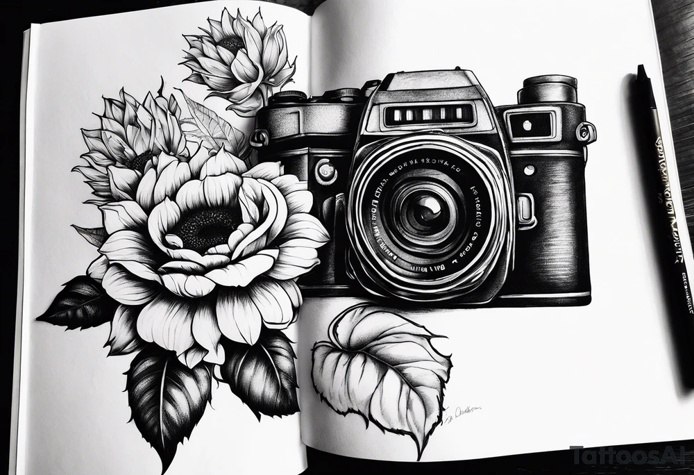 Book, sunflower, camera, butterfly, flower rose tattoo idea Book, sunflower, camera, butterfly, flower rose tattoo idea