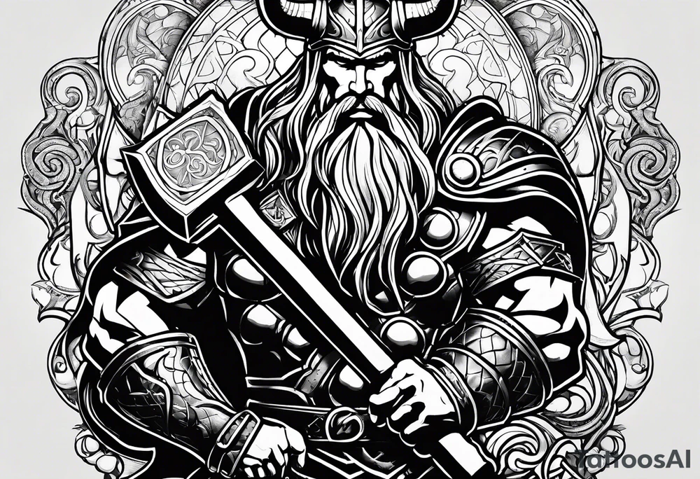Thor mit Hammer on der Hand und kämpft gegen eine riesen Schlange tattoo idea
