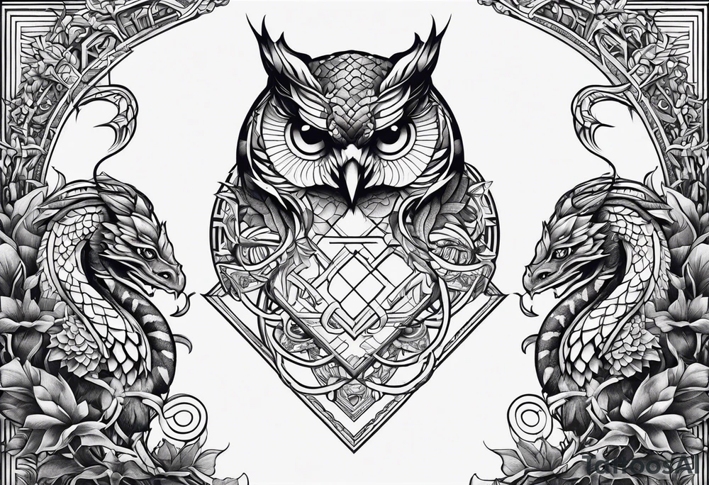 a snake, dragon and owl independent but together tattoo idea
