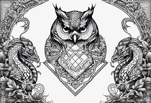 a snake, dragon and owl independent but together tattoo idea