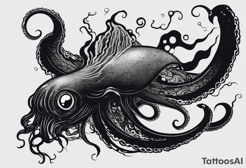 A visual representation of the horror squid concept, showing the squid becoming invisible in ink, its body turning black to blend in with its deep sea environment. The overall environment is dark, creating an eerie underwater atmosphere. tattoo idea