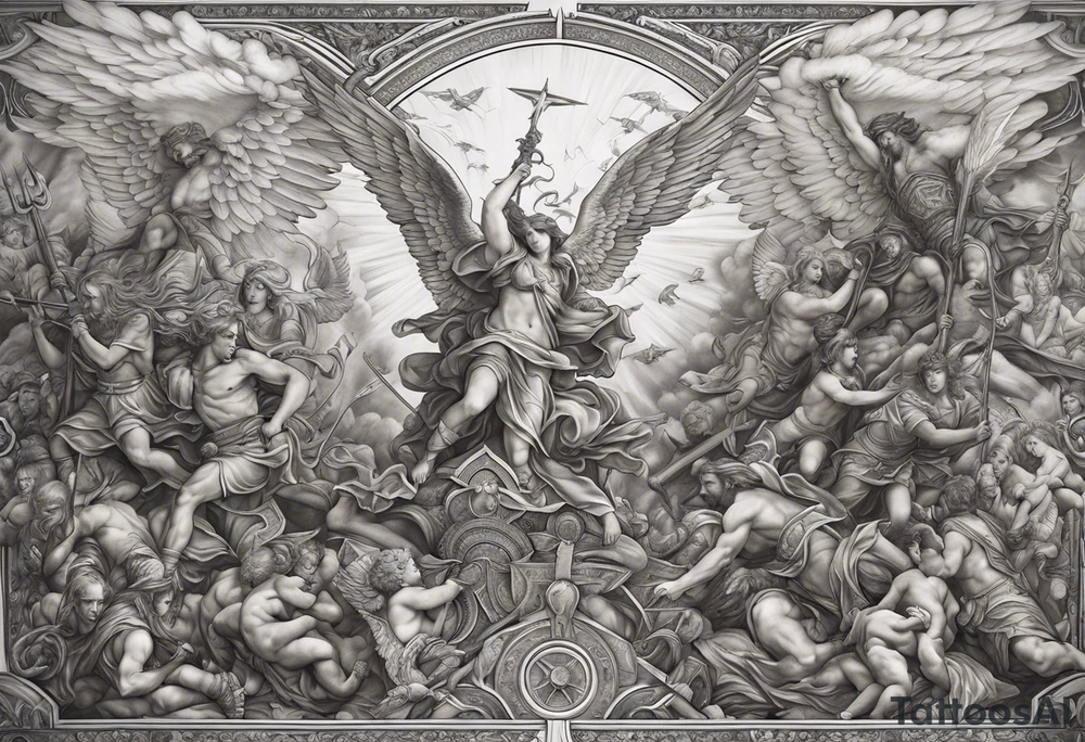 Full back piece depicting the war between angels above and demons below. Make the angels biblically accurate such as seraphim, ophanim, virtues, etc tattoo idea