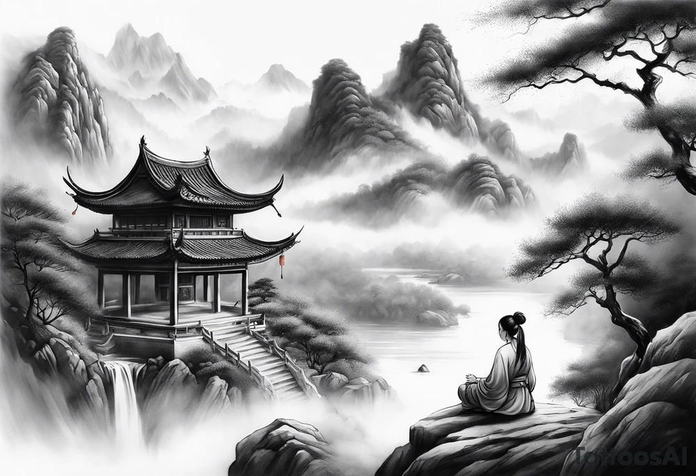forearm sleeve traditional chinese art painting style autumn mountains mist fog water Chinese temple female with pony tail wearing robes seated meditating in the distance tattoo idea