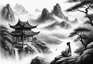 forearm sleeve traditional chinese art painting style autumn mountains mist fog water Chinese temple female with pony tail wearing robes seated meditating in the distance tattoo idea
