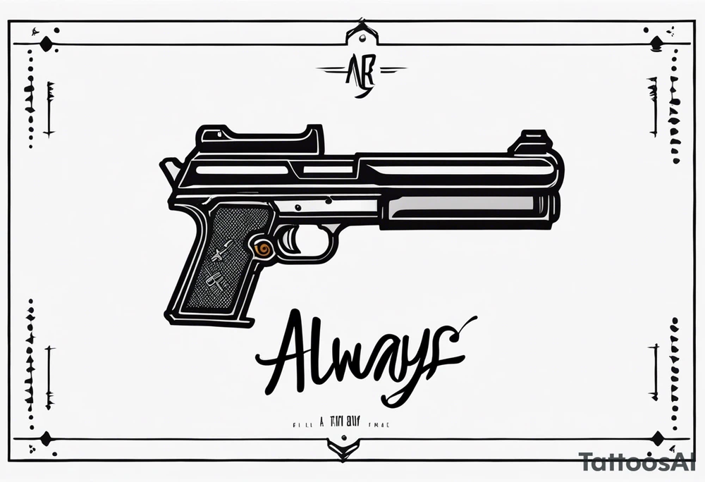 The letters AR with a pistol on each side and the word always on the top and ready on the bottom tattoo idea