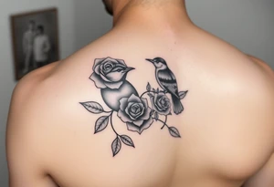 Feminine red rose and robin with a infinity heart on hip tattoo idea