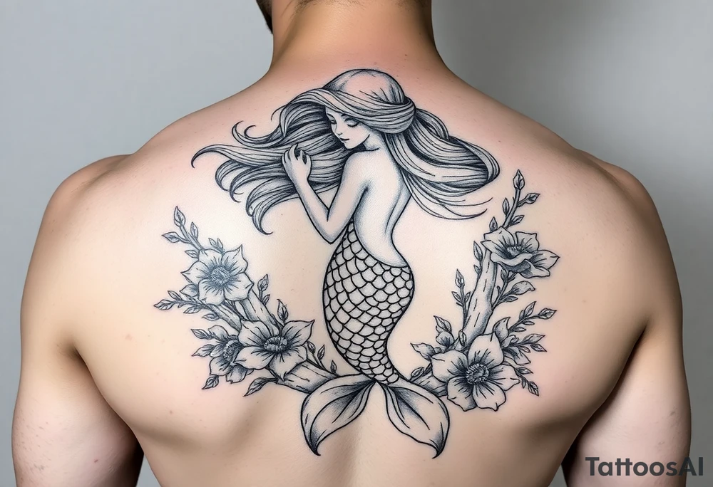 ethereal mermaid with flowing hair among coral and sea flowers tattoo idea