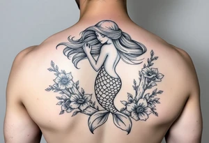 ethereal mermaid with flowing hair among coral and sea flowers tattoo idea