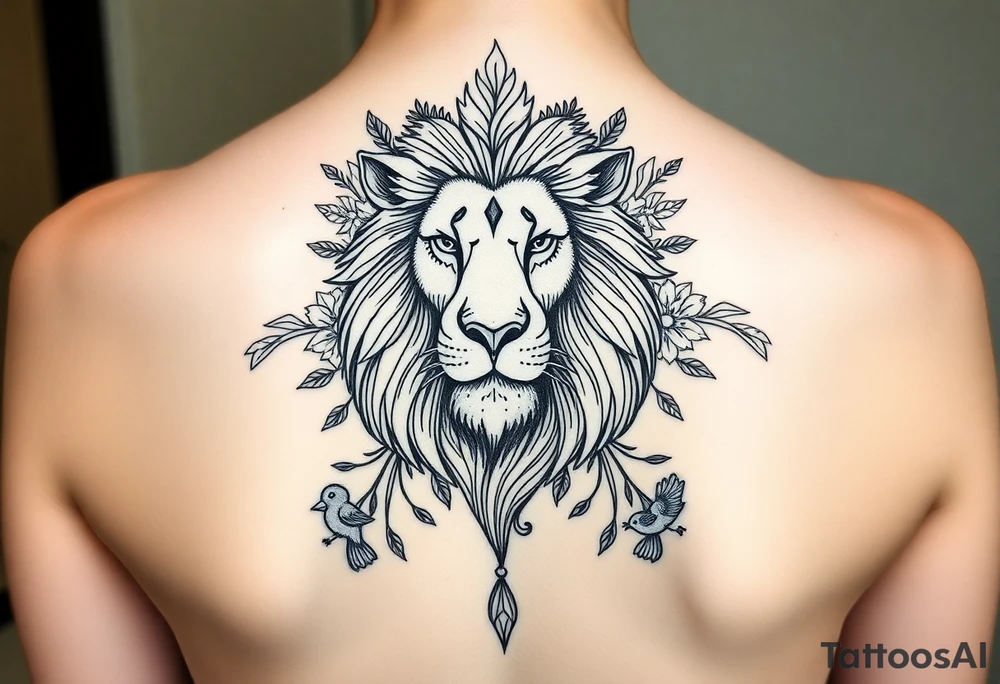 powerful majestic lion with a crown, surrounded by floral ornaments and birds tattoo idea