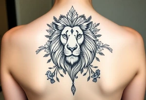 powerful majestic lion with a crown, surrounded by floral ornaments and birds tattoo idea