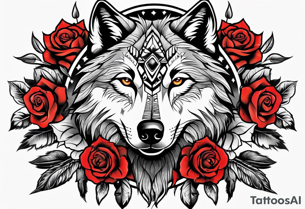 Native American with a wolf wrapped in roses tattoo idea