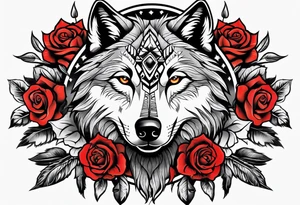 Native American with a wolf wrapped in roses tattoo idea