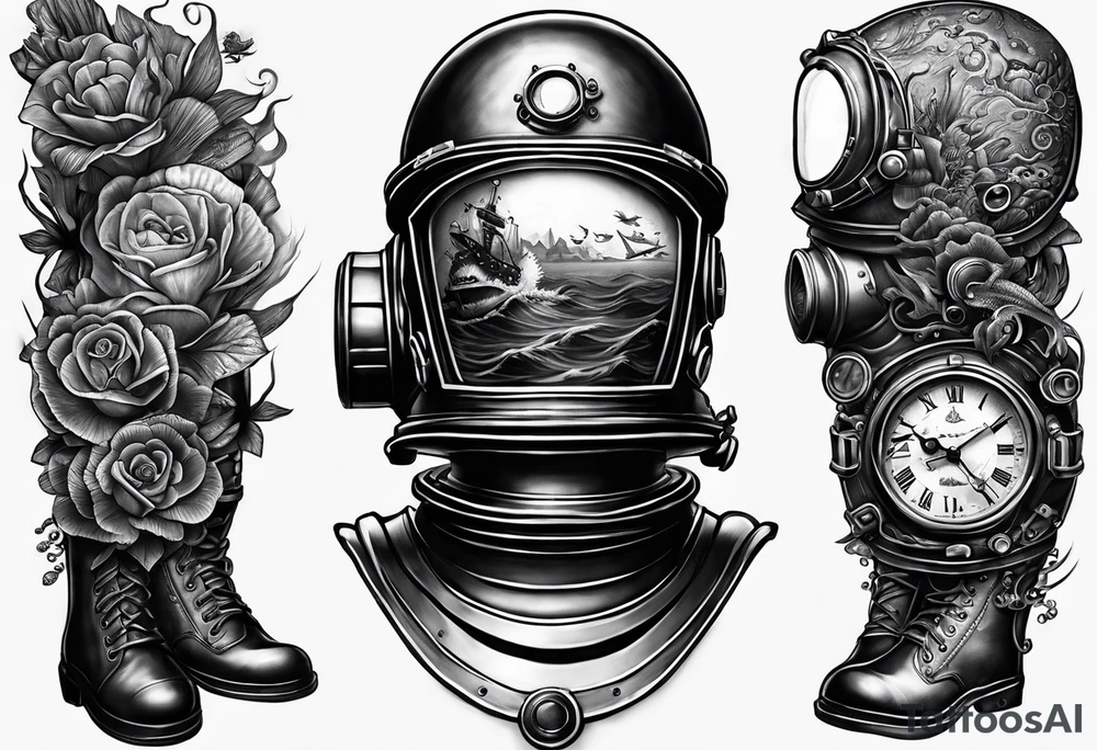 make a full sleeve nautical tattoo design including a deep sea diver with a Mark V diving helmet tattoo idea