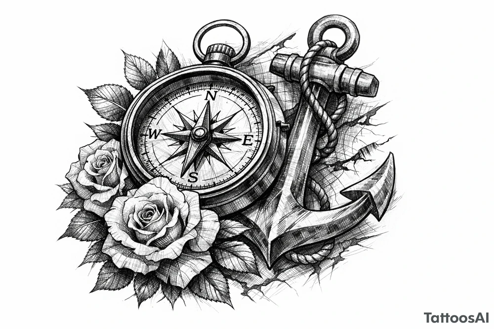 a compass,anchor,roses. tattoo idea