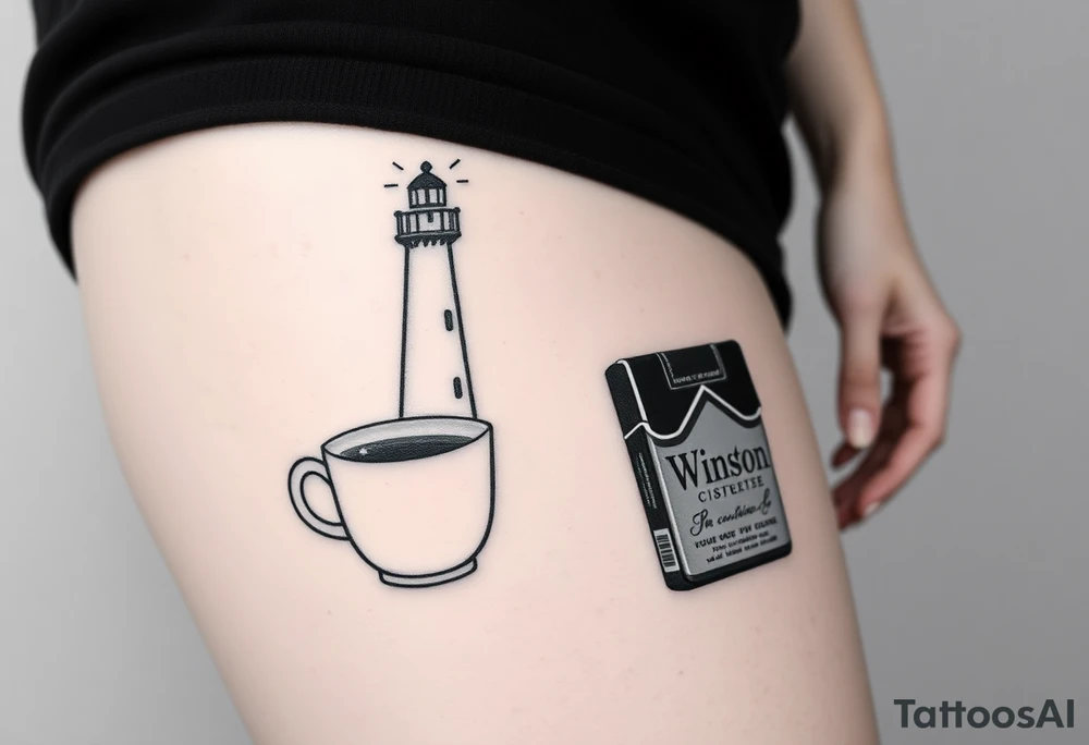 A mug of coffee
 with a lighthouse on it and a pack of Winston cigarettes laying next to it tattoo idea