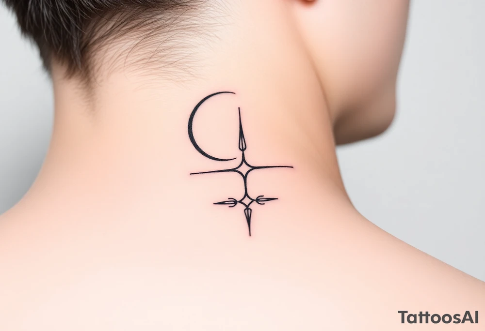 A minimalist crescent moon neck tattoo positioned just behind the ear. The crescent moon is thin and curves to the left. A sharp vertical line extends downward from the inner curve of the moon, intersecting with a symmetrical starburst shape at the center of the line. The starburst has four points — the top and bottom points are elongated, while the horizontal points are shorter, giving it a sleek and modern look. The design features clean, thin lines with a slightly hand-drawn feel, combining celestial and geometric elements. The tattoo follows the natural curve of the neck, giving it an elegant and balanced appearance. tattoo idea