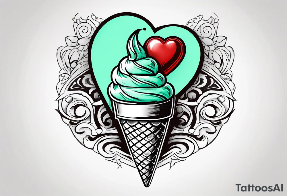 simple mint chocolate chip ice cream cone with small red heart on it somewhere. tattoo idea
