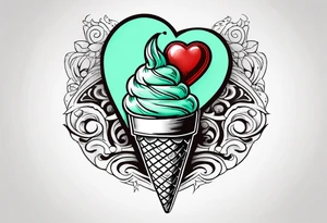 simple mint chocolate chip ice cream cone with small red heart on it somewhere. tattoo idea