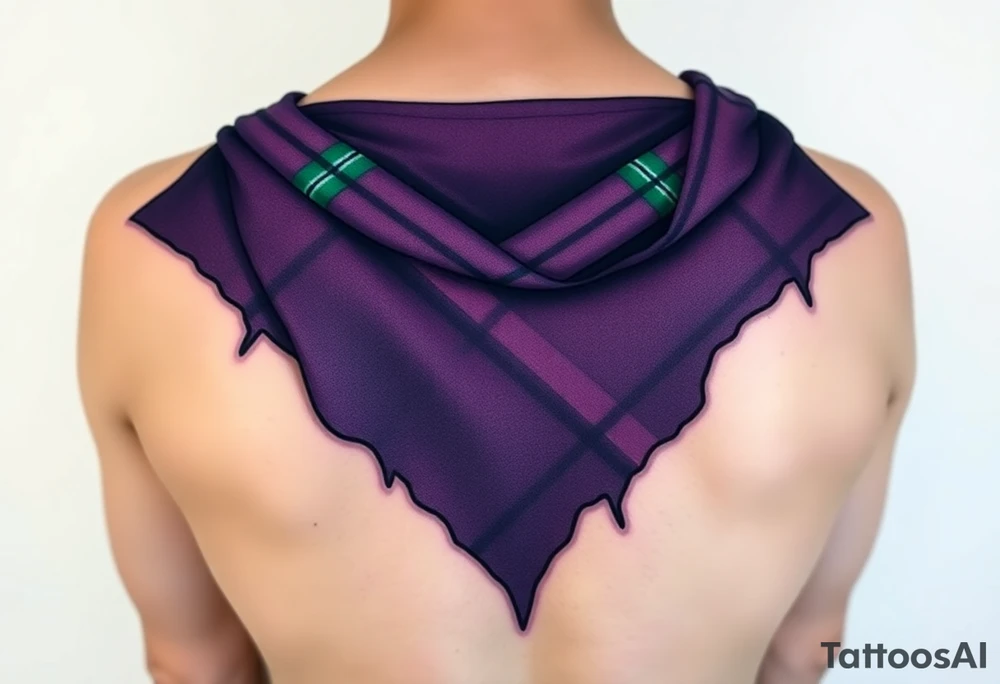 Dark Purple with green pink blue and white highlights tartan fabric with flesh peeling away at edges wrapping around shoulder tattoo idea