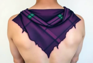 Dark Purple with green pink blue and white highlights tartan fabric with flesh peeling away at edges wrapping around shoulder tattoo idea