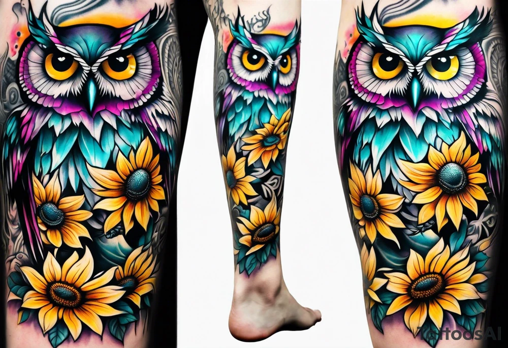 Leg Sleeve with teal, pink and purple owl and yellow sunflowers tattoo idea