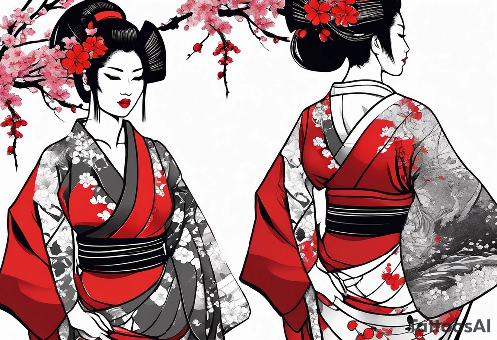 trash polka geisha red sun cherry blossoms tattoo idea