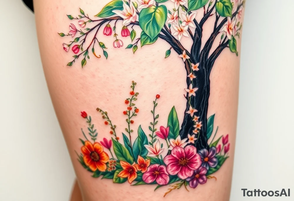 Lilly of the vally plants underneath a blooming hawthorn tree with other colorful lilly plants on ground tattoo idea